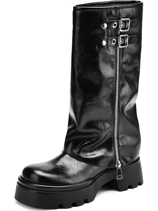 Shoes - Women's Black Faux Leather Knee High Moto Boots Wide Calf Platform Buckle Boots